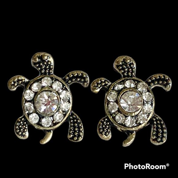 Crystal Sea Turtle Post Earrings Gold Tone Plated Nautical Island Beach Dainty - Picture 2 of 12